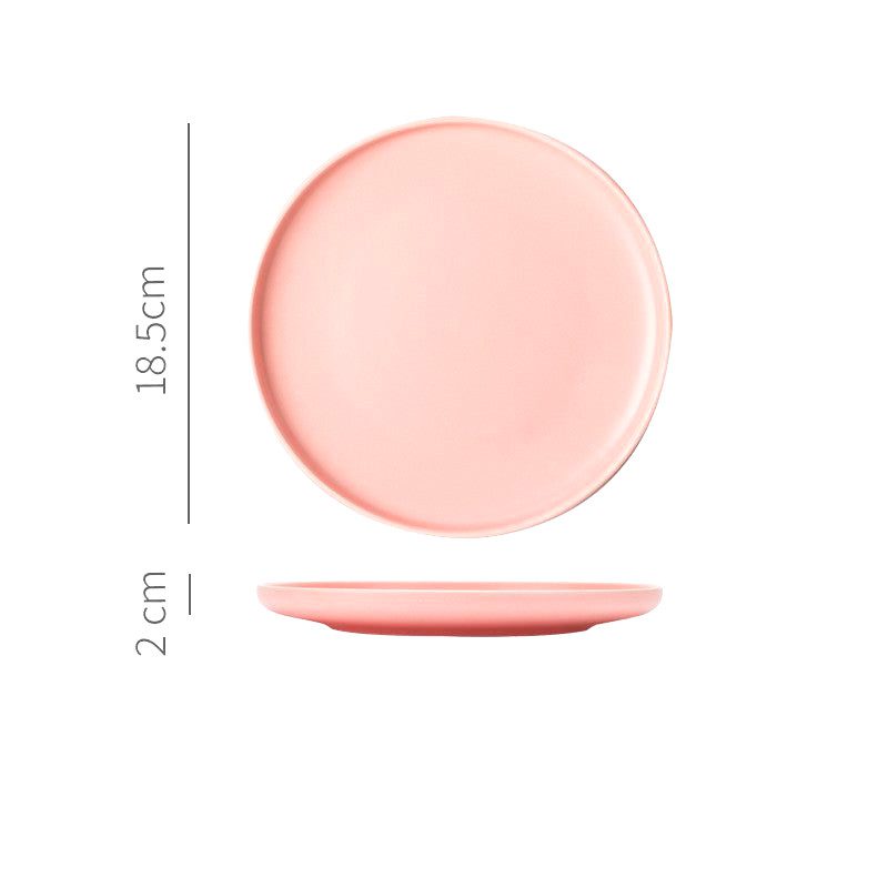 Petite assiette japonaise Okawa rose mat, vues de dessus et de profil avec schéma des dimensions