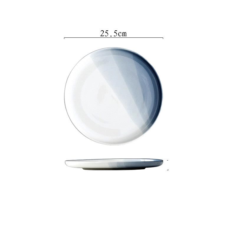 Grande assiette japonaise Benjiro blanche en dégradé bleu, vues de dessus et de profil avec schéma des dimensions