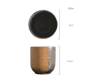 Tasse Ishikura rouille vue de dessus et de profil, avec schéma des dimensions