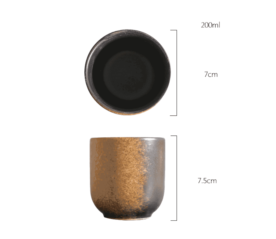 Tasse Ishikura rouille vue de dessus et de profil, avec schéma des dimensions