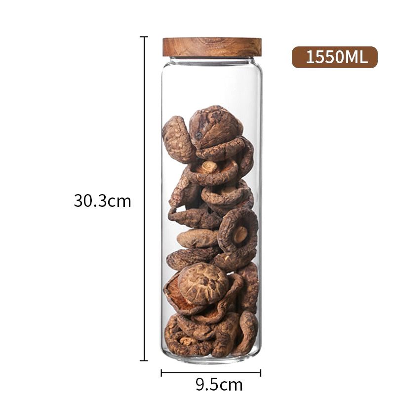 Plus grand bocal Akashia rempli de champignons séchés, avec schéma des dimensions