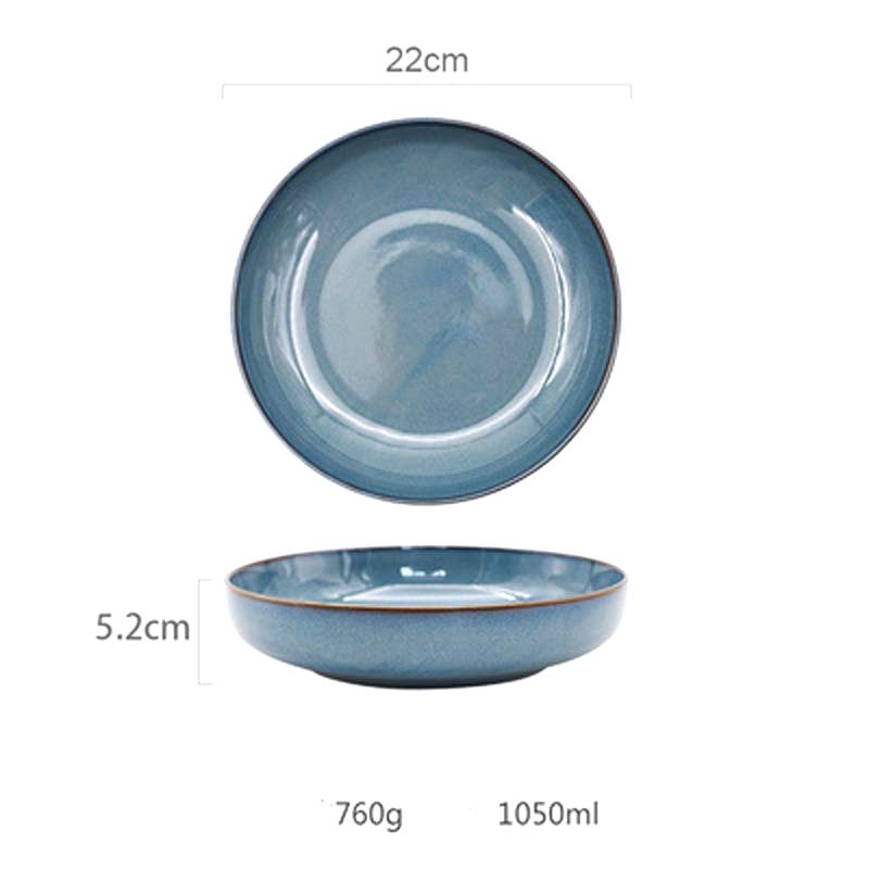 Grande assiette japonaise Chitako bleu gris, vues de dessus et de profil avec schéma des dimensions
