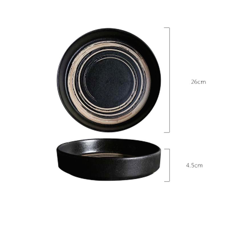 Grande assiette japonaise Azami noire, vues de dessus et de profil avec schéma des dimensions