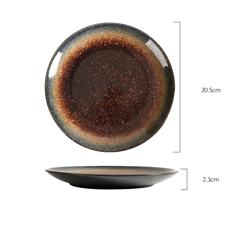 Assiette Nomi moyenne brun mordoré, dessus et profil, avec schéma des dimensions