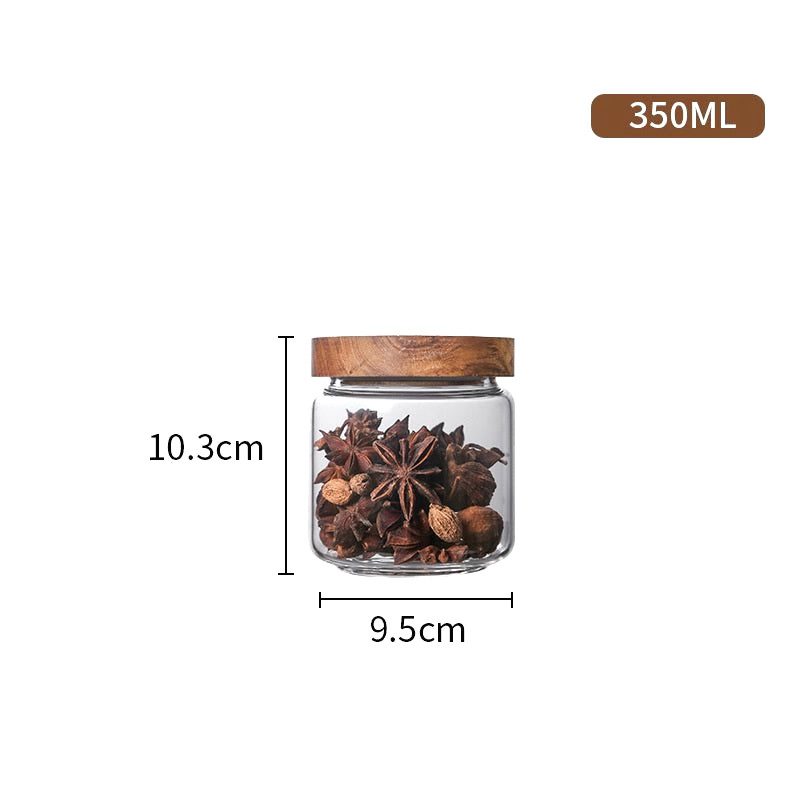 Petit bocal en verre Akashia à couvercle en acacia, avec schéma des dimensions