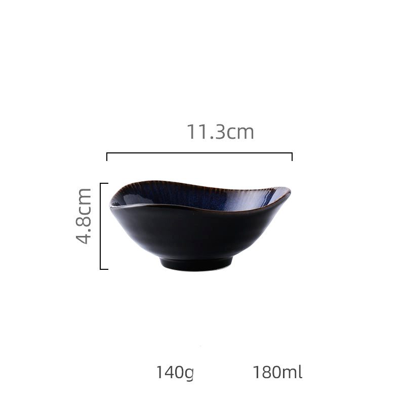 Bol à riz Nōkon bleu, vue de profil avec schéma des dimensions