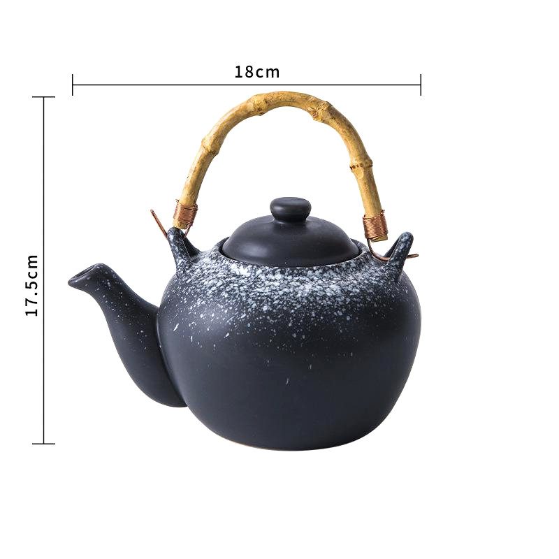 Théière japonaise Tamashiro grise mouchetée de blanc avec schéma des dimensions