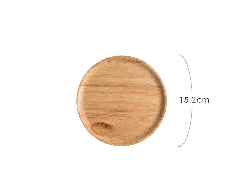 Petit plateau rond Giichi en hévéa clair, avec schéma des dimensions