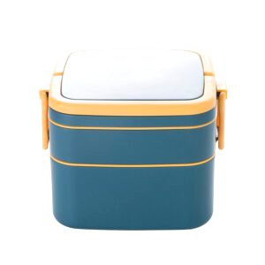 Lunch box à deux étages carrée bleue à attaches jaunes, vue de face