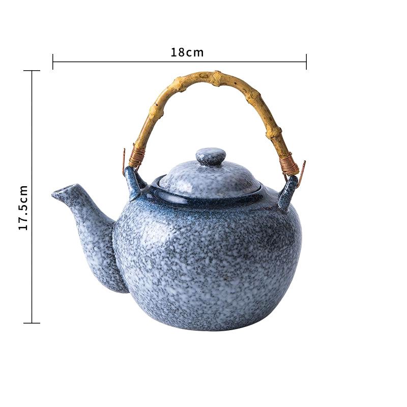 Théière japonaise Tamashiro bleue mouchetée avec schéma des dimensions
