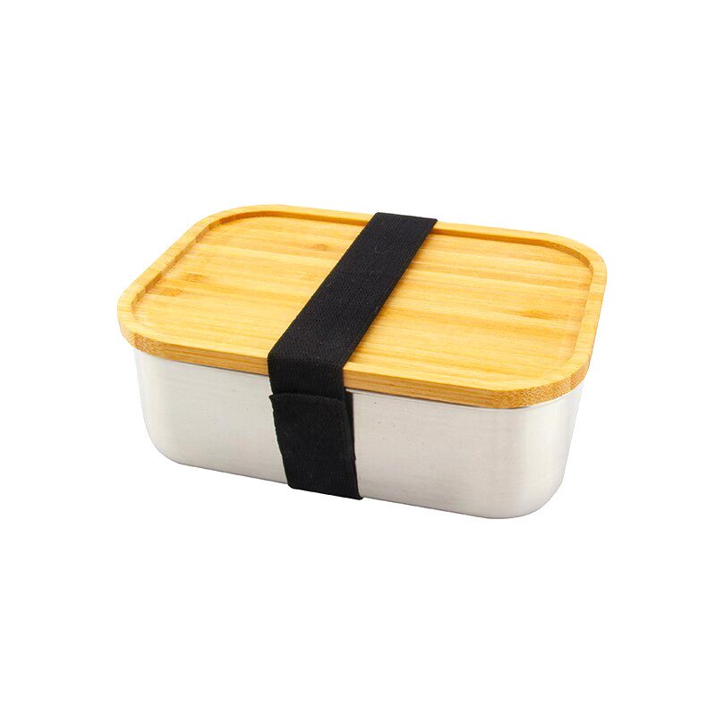 Bento rectangulaire en acier inoxydable, couvercle en bambou et sangle noire, sur fond blanc