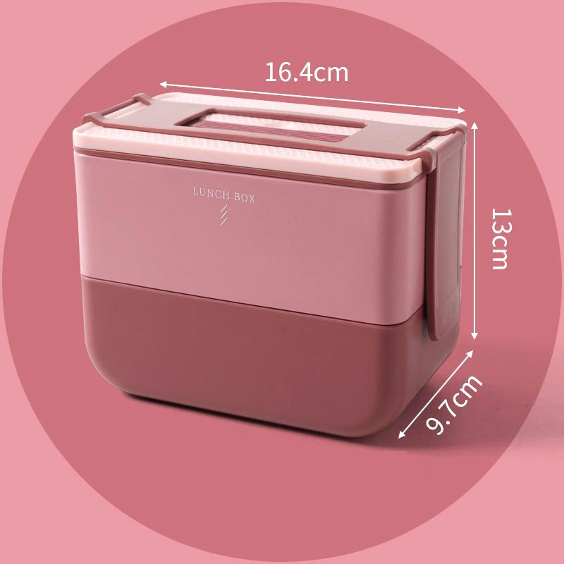 Bento portable à compartiments rose, deux étages, vue de face avec schéma des dimensions