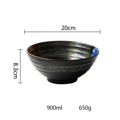 Bol à ramen Tsukuda noir de face, avec schéma des dimensions