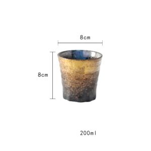 Tasse Jin modèle un, dorée et brune, avec schéma des dimensions