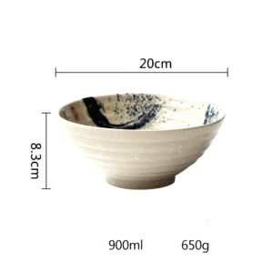 Bol à ramen Tsukuda blanc à traits bleus de face, avec schéma des dimensions
