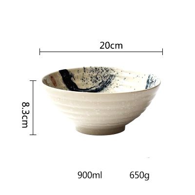 Bol à ramen Tsukuda blanc à traits bleus de face, avec schéma des dimensions