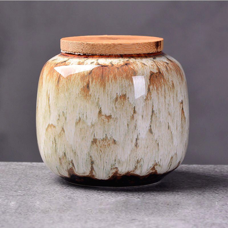 Boîte à thé Hattori beige et brun à coulures, vue de face