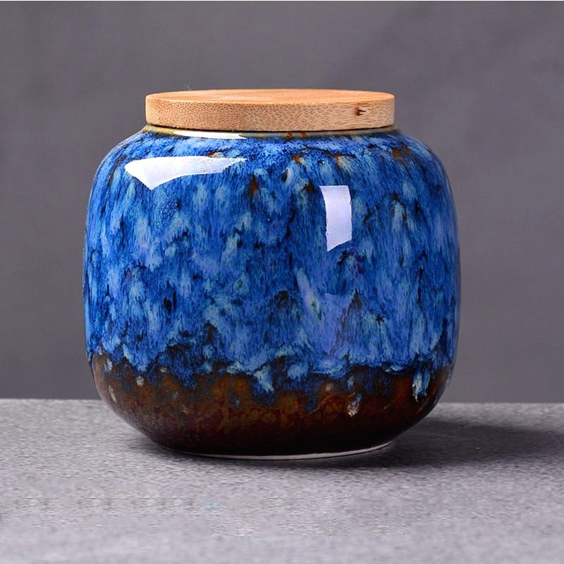Boîte à thé Hattori bleu foncé à coulures, vue de face