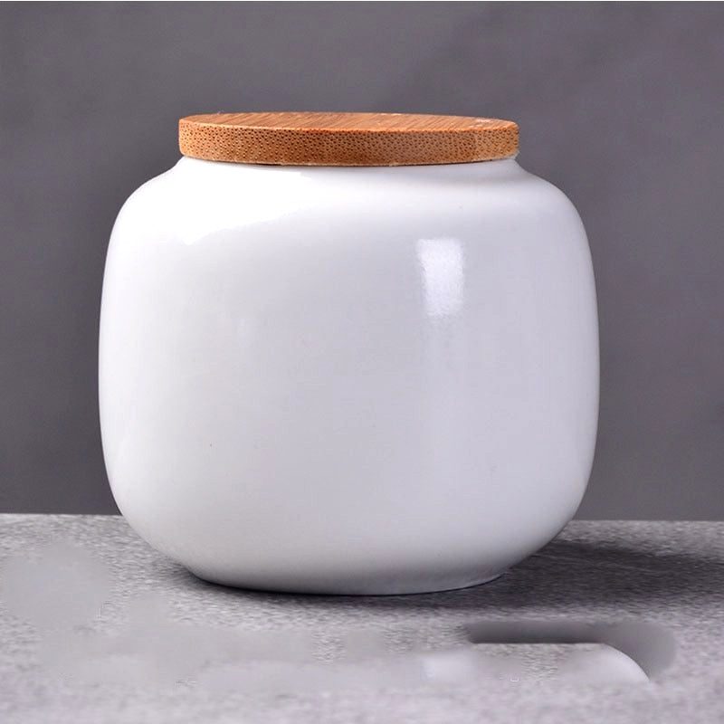 Boîte à thé Hattori blanche à couvercle en bois, vue de face