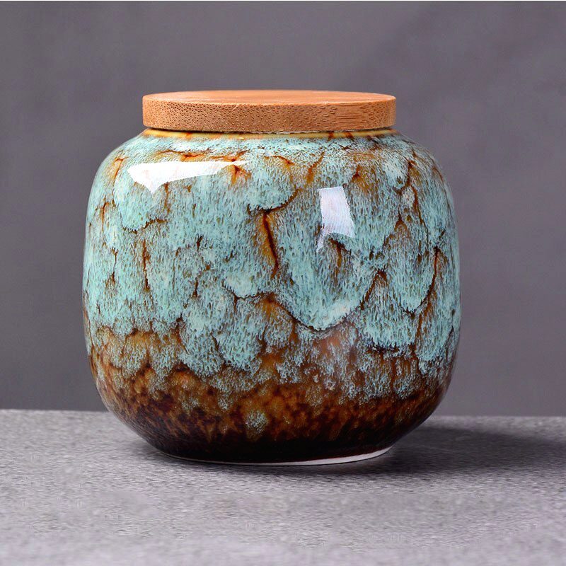Boîte à thé Hattori turquoise et brun à coulures, vue de face