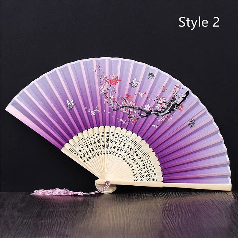 Éventail japonais en bambou et satin violet, fleurs roses et oiseau