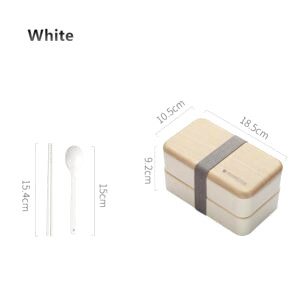 Bento à deux étages blanc à couvercle beige, avec couverts et schéma des dimensions