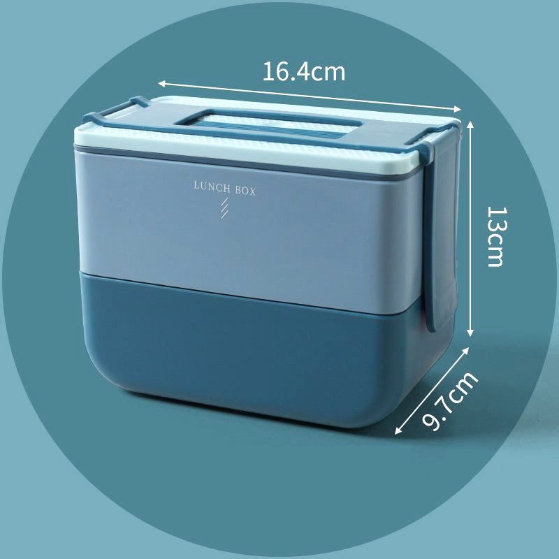 Bento portable à compartiments bleu, deux étages, vue de face avec schéma des dimensions