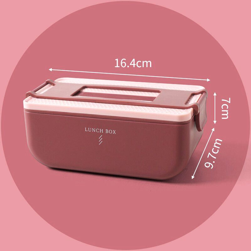 Bento portable à compartiments rose, un étage, vue de face avec schéma des dimensions