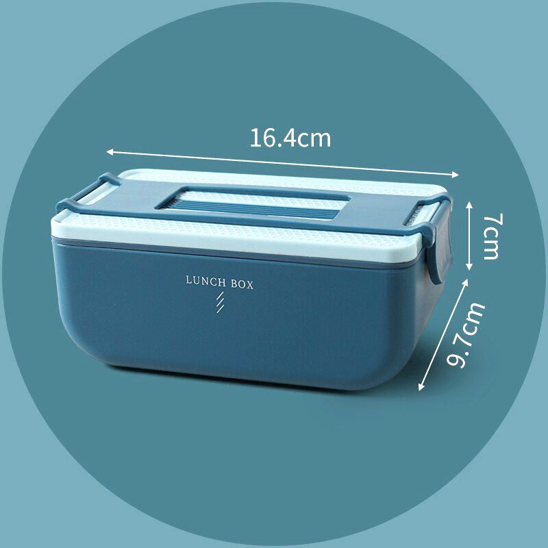 Bento portable à compartiments bleu, un étage, vue de face avec schéma des dimensions