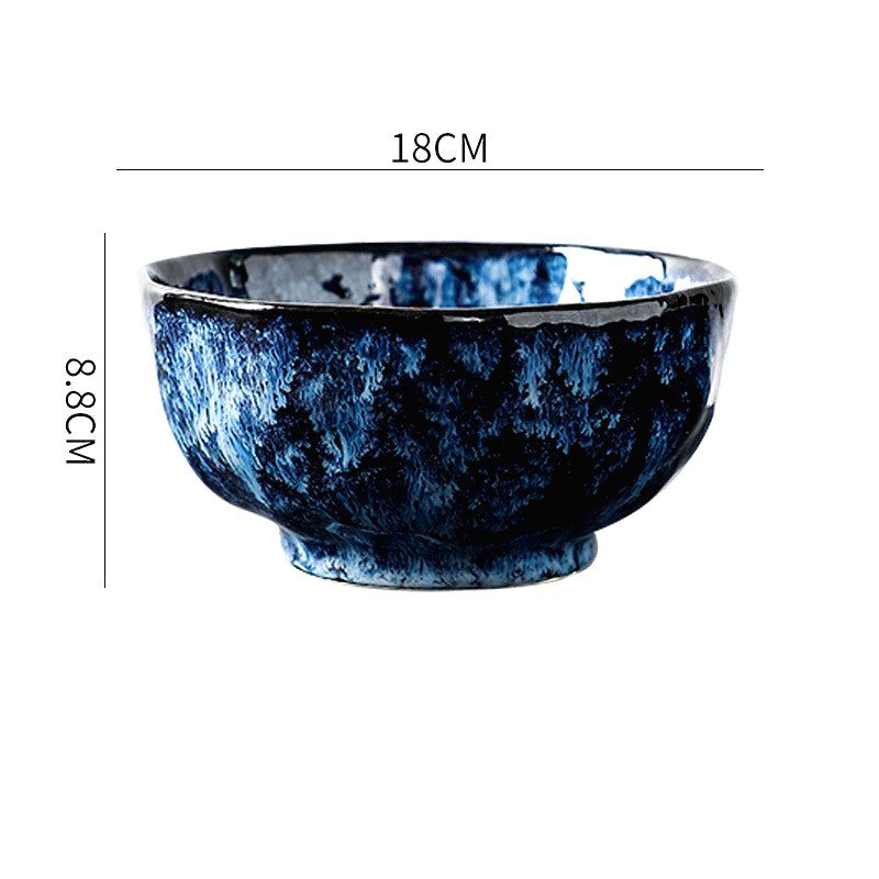 Bol à ramen Mahōtsukai bleu vu de profil avec schéma des dimensions