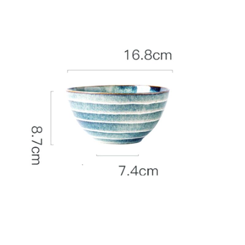 Bol à soupe Shintani bleu-vert à rayures, vue de profil avec schéma des dimensions