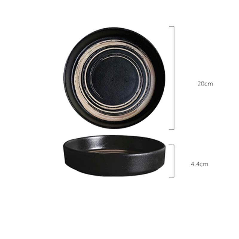 Petite assiette japonaise Azami noire, vues de dessus et de profil avec schéma des dimensions
