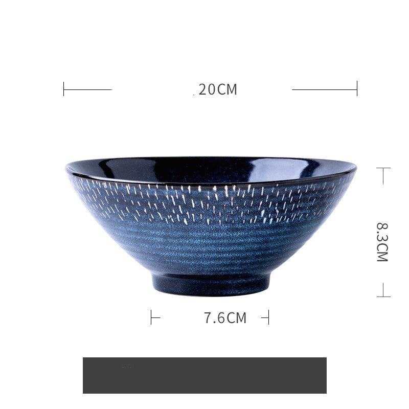 Bol à ramen Miyasato bleu de face, avec schéma des dimensions