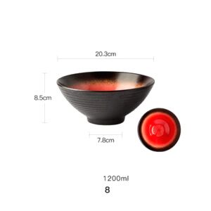 Bol Waki noir à intérieur rouge, avec schéma des dimensions