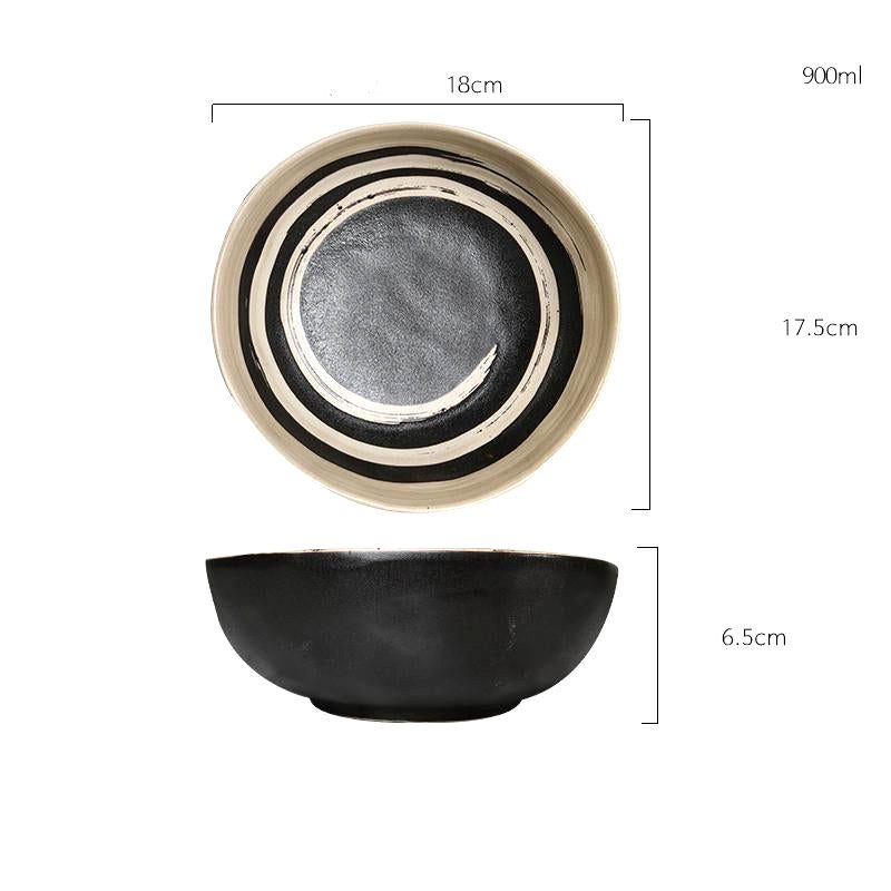 Bol Kugo noir à cercles blancs, dessus et profil, avec schéma des dimensions