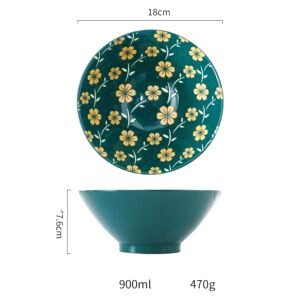 Bol à ramen Minami vert à fleurs, petit modèle, avec schéma des dimensions