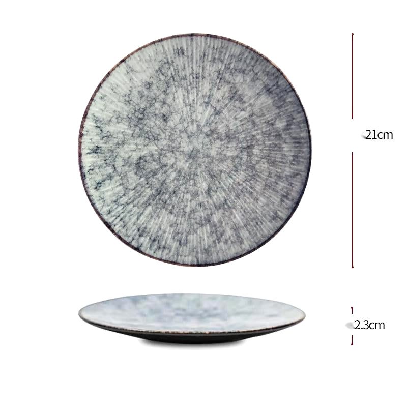 Petite assiette Shiro marbre gris à stries, avec schéma des dimensions