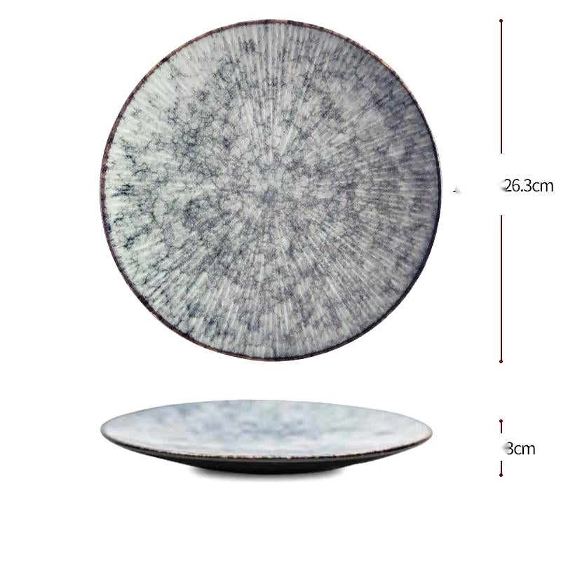 Grande assiette Shiro marbre gris, dessus et profil, avec schéma des dimensions