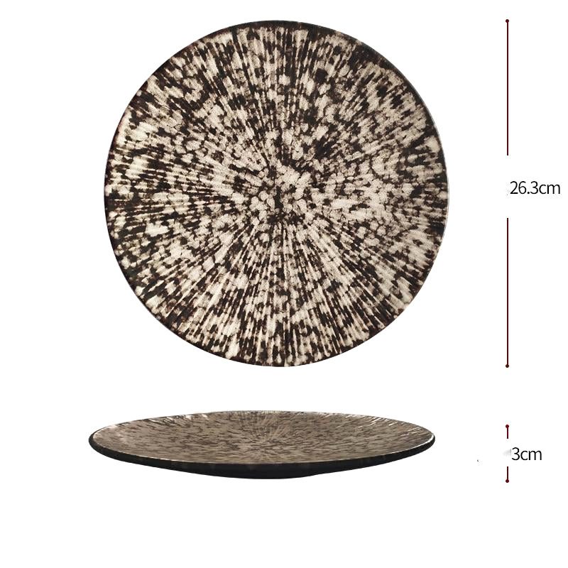 Grande assiette Shiro stracciatella noire et beige, avec schéma des dimensions