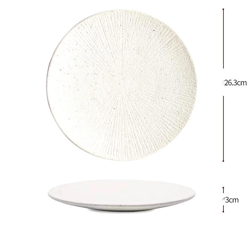 Grande assiette Shiro blanche vue de dessus et de profil, avec schéma des dimensions