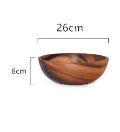 Saladier en acacia Akashiya grand modèle de profil, avec schéma des dimensions