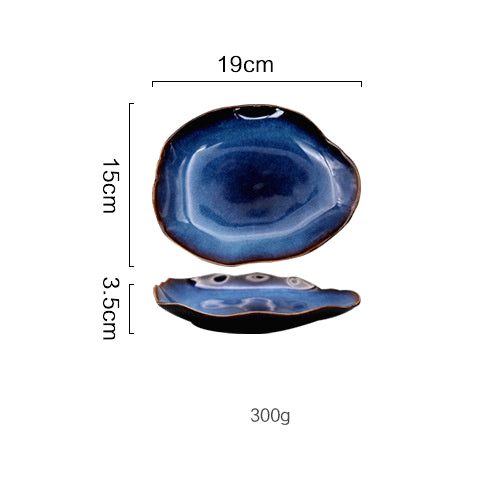 Petite assiette japonaise Hoshizora bleue, vues de dessus et de profil avec schéma des dimensions