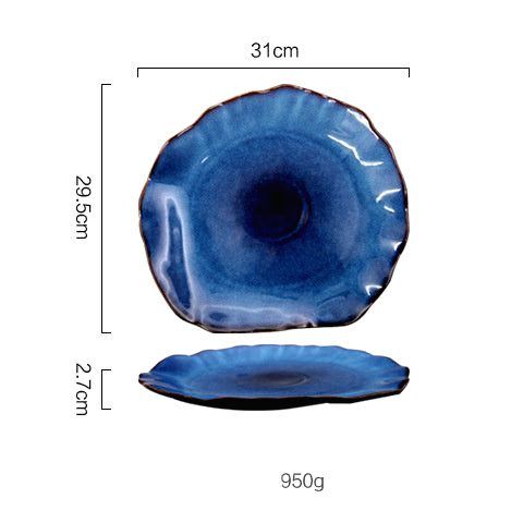 Grande assiette japonaise Hoshizora bleue irrégulière avec schéma des dimensions