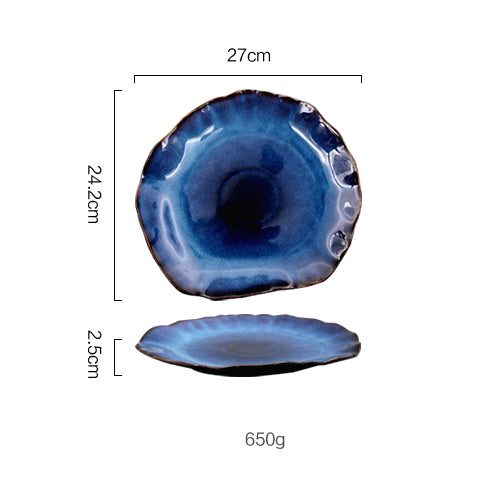 Assiette japonaise Hoshizora bleue irrégulière de taille moyenne avec schéma des dimensions