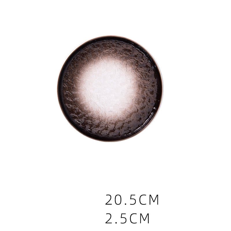 Moyenne assiette japonaise Takao marron à centre clair, vue de dessus avec dimensions inscrites