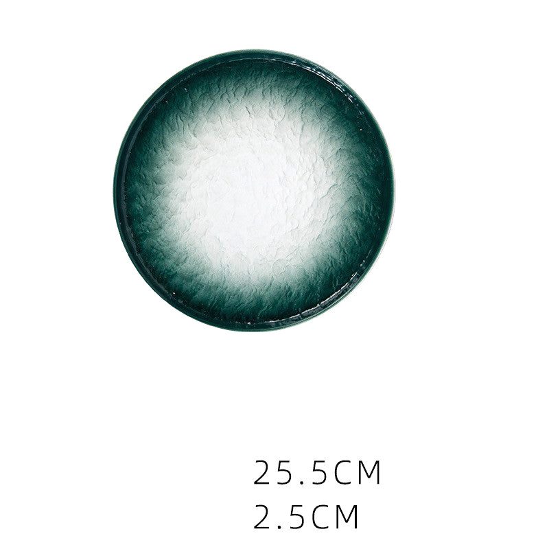 Grande assiette japonaise Takao verte à centre clair, vue de dessus avec dimensions inscrites