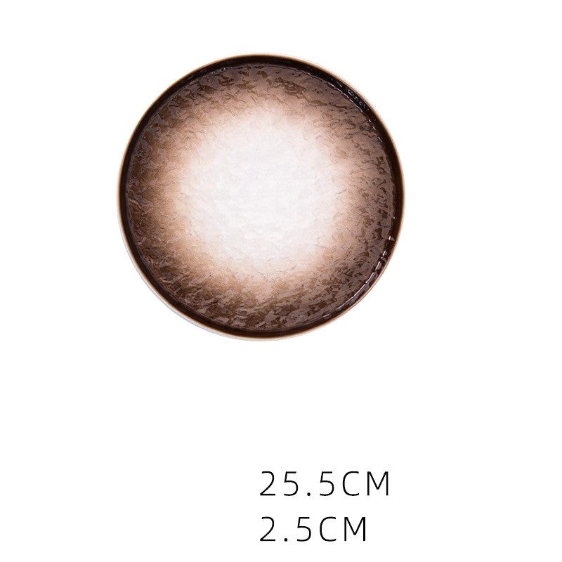 Grande assiette japonaise Takao marron à centre clair, vue de dessus avec dimensions inscrites