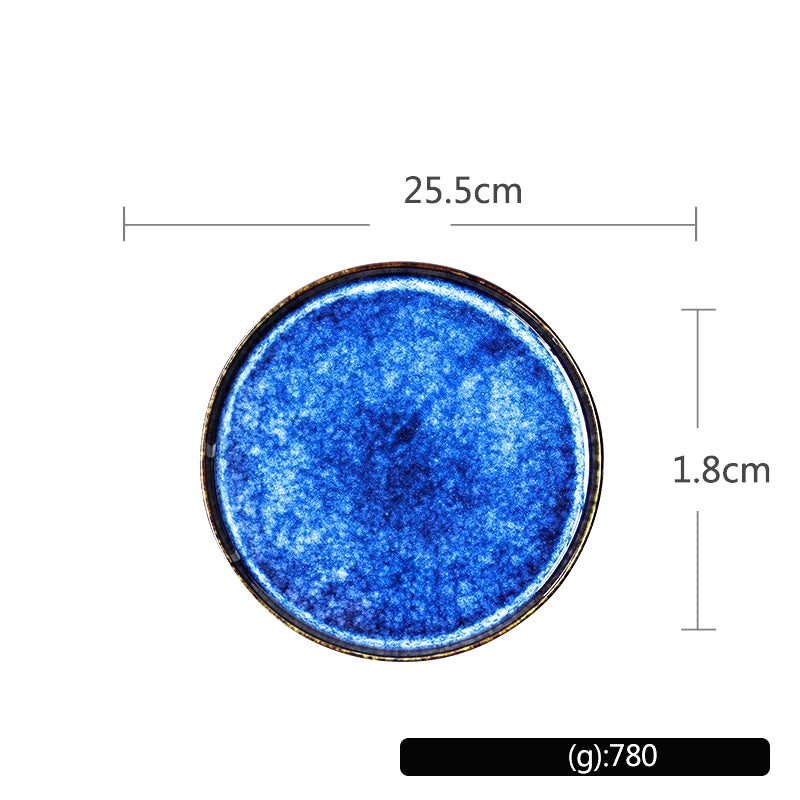 Grande assiette japonaise Aozora bleue vue de dessus avec schéma des dimensions