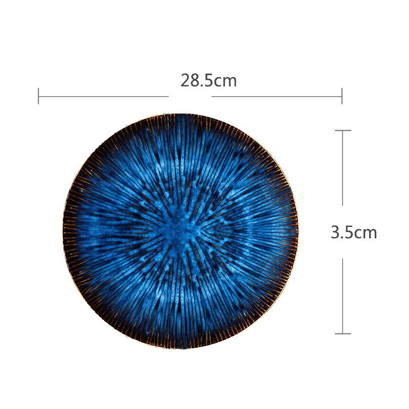 Assiette de présentation Nōkon bleue à rayons, vue de dessus avec schéma des dimensions