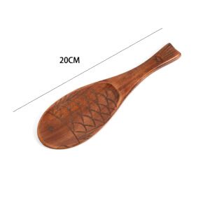 Cuillère à riz en bois marron à motif poisson, avec schéma des dimensions